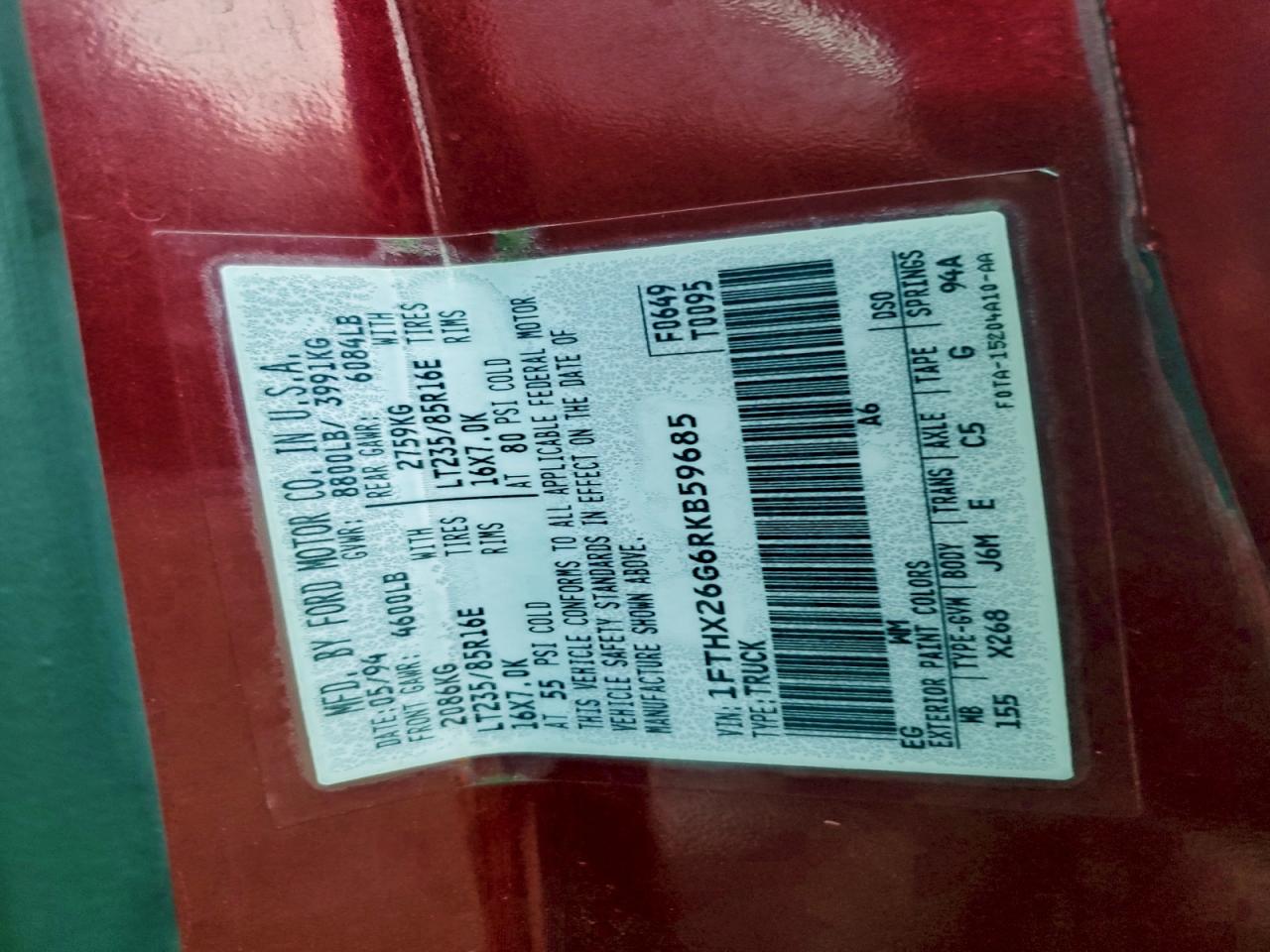 1994 Ford F250 VIN: 1FTHX26G6RKB59685 Lot: 93968845