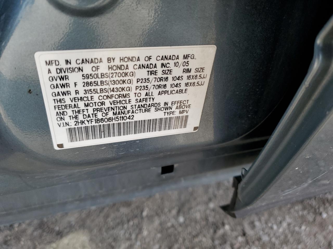 2006 Honda Pilot Ex VIN: 2HKYF18606H511042 Lot: 92104255