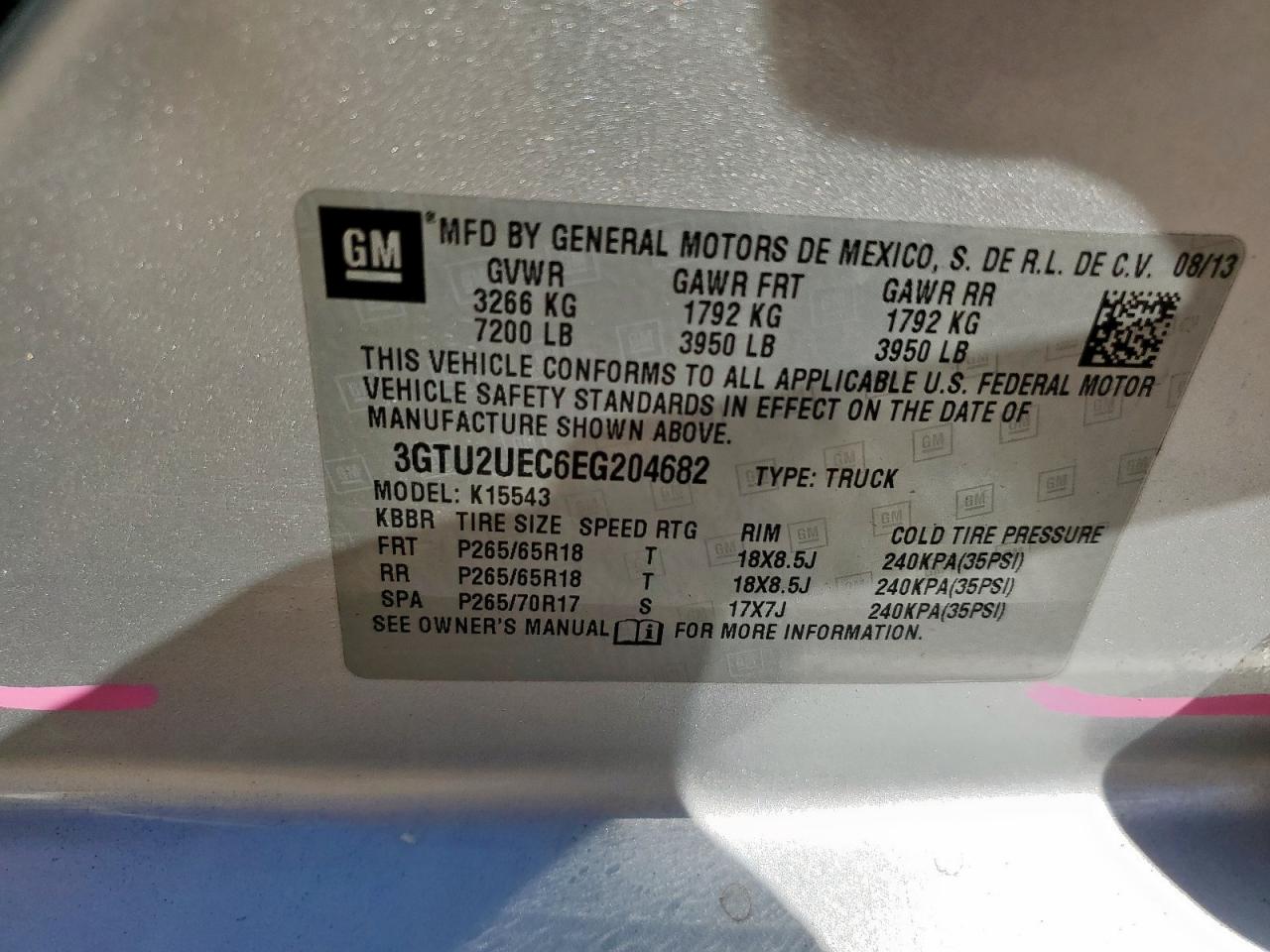 2014 GMC Sierra K1500 Sle VIN: 3GTU2UEC6EG204682 Lot: 92887725