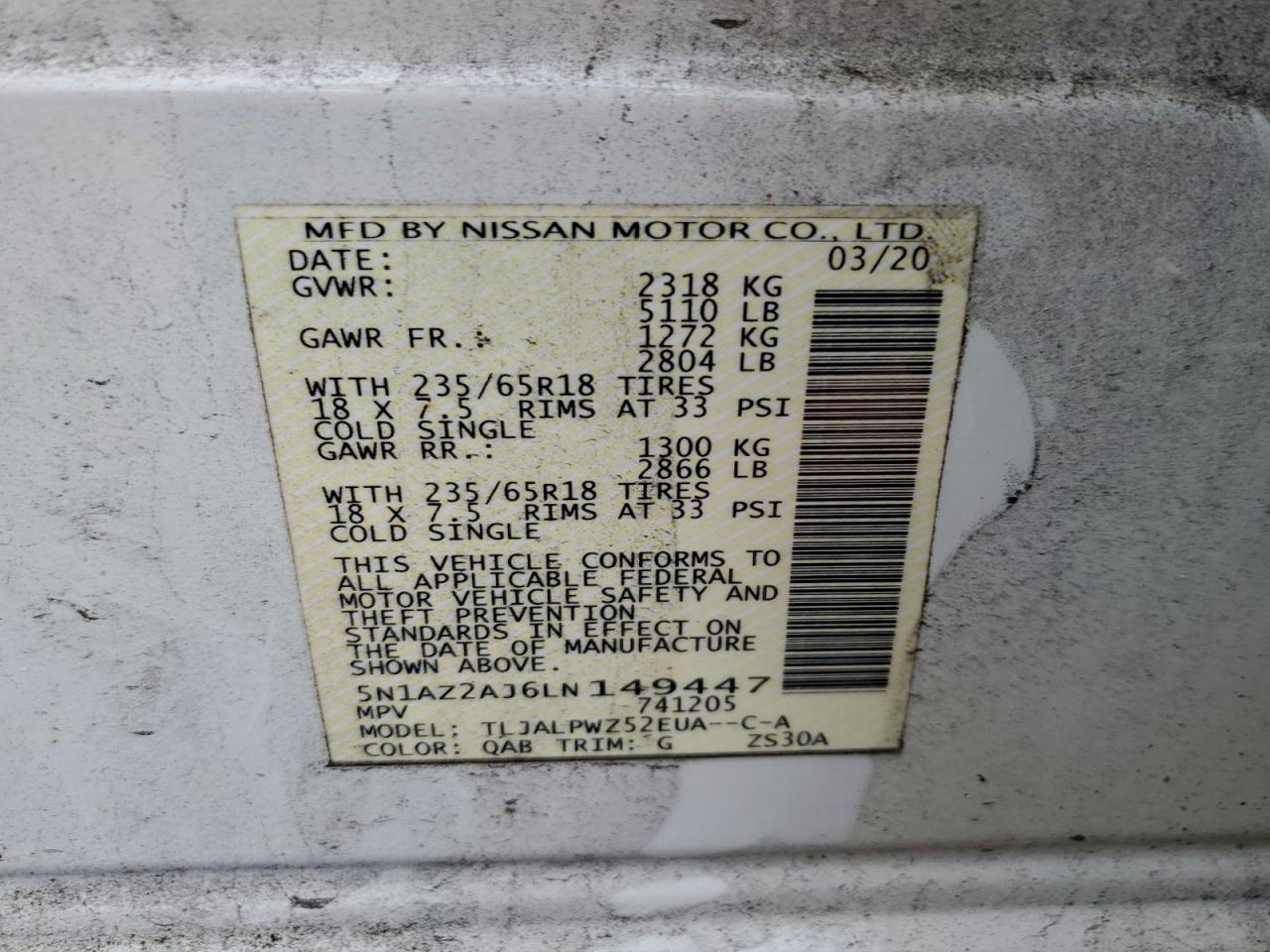 2020 Nissan Murano S VIN: 5N1AZ2AJ6LN149447 Lot: 92532545