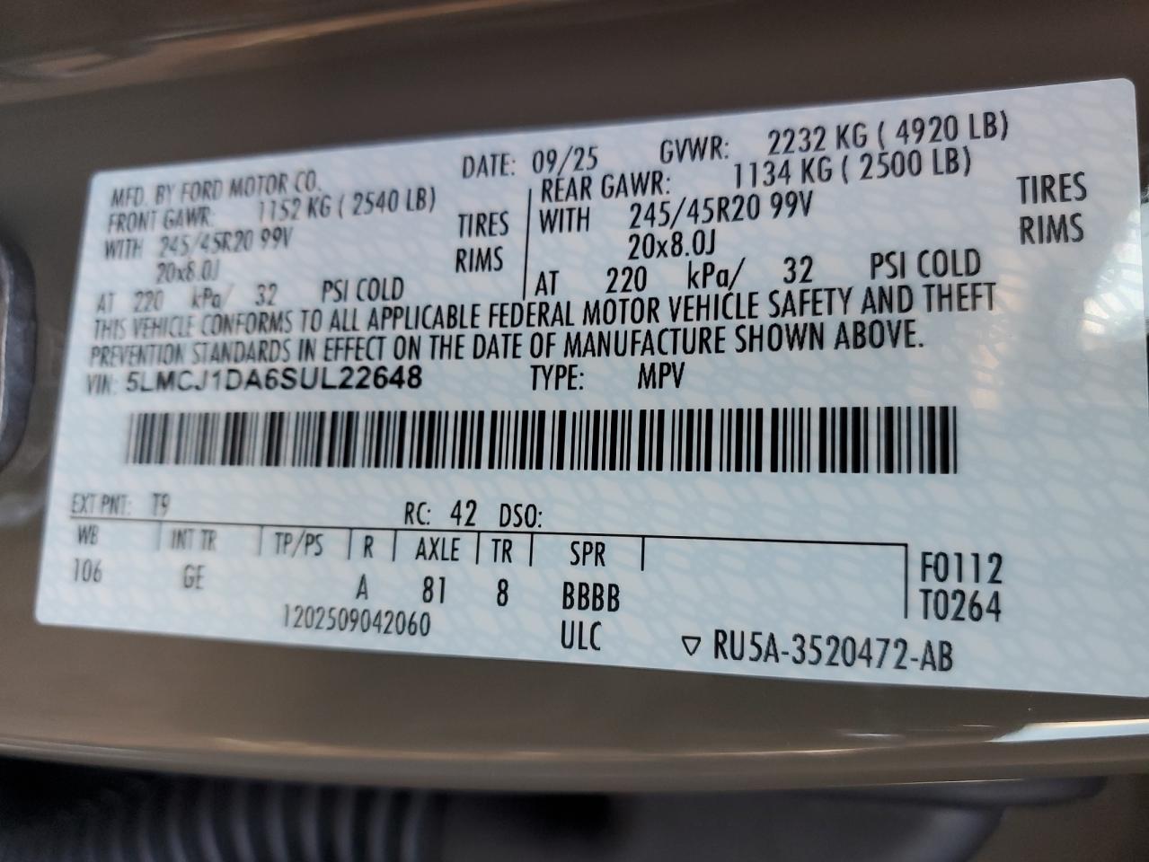 2025 Lincoln Corsair Premiere VIN: 5LMCJ1DA6SUL22648 Lot: 93401465