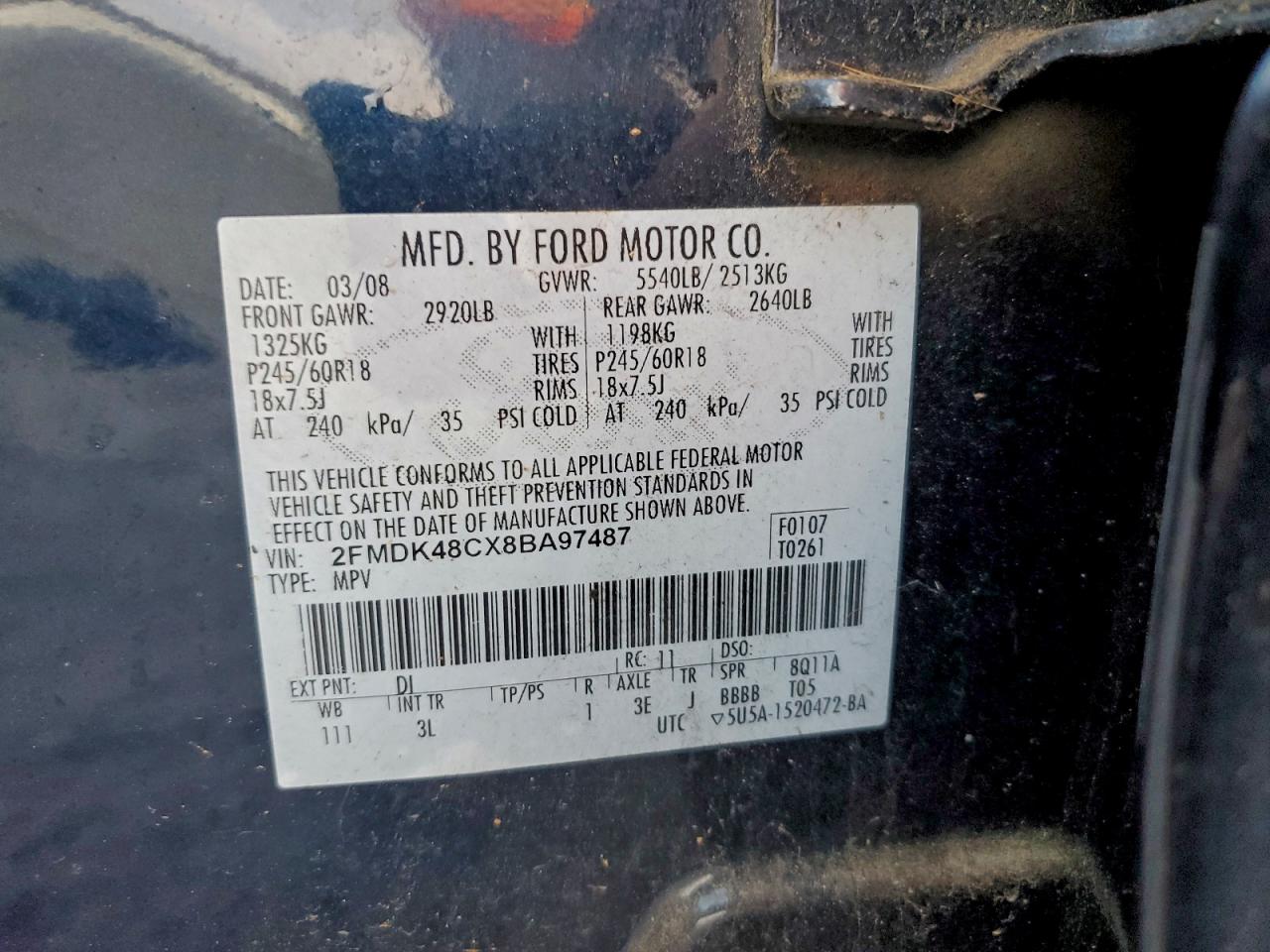 2008 Ford Edge Sel VIN: 2FMDK48CX8BA97487 Lot: 94647435