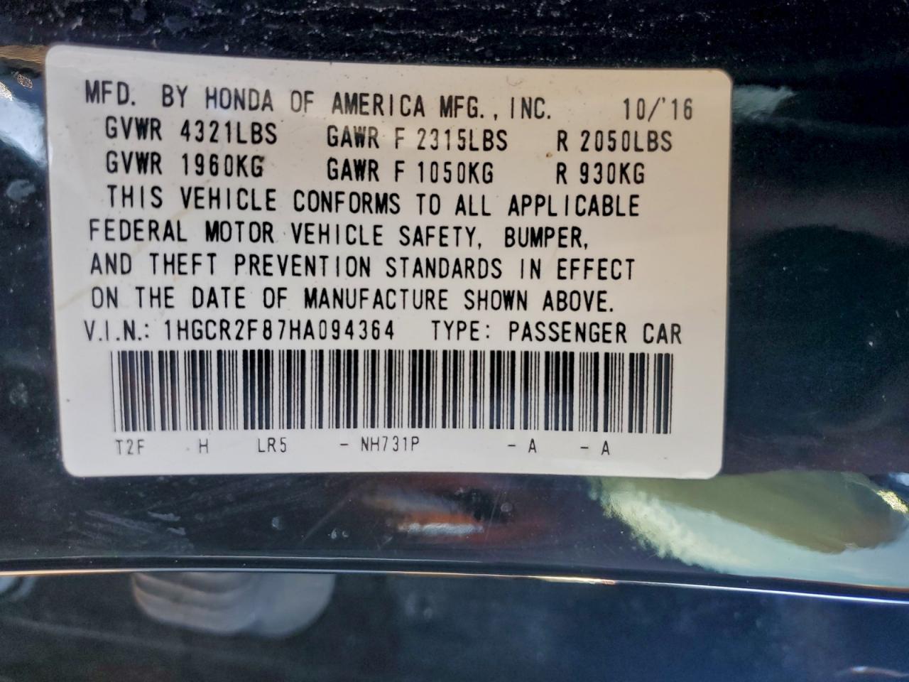 2017 Honda Accord Exl VIN: 1HGCR2F87HA094364 Lot: 93714115