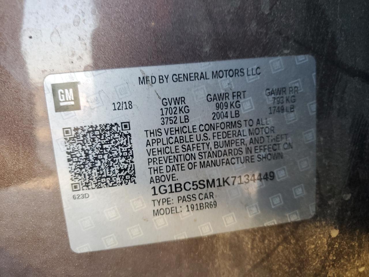 2019 Chevrolet Cruze Ls VIN: 1G1BC5SM1K7134449 Lot: 93026655