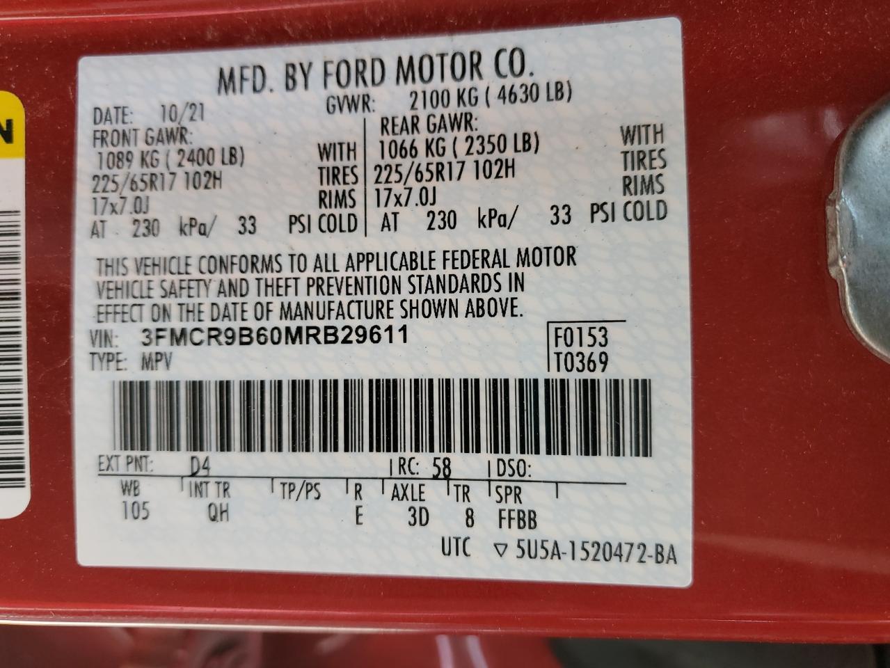 2021 Ford Bronco Sport Big Bend VIN: 3FMCR9B60MRB29611 Lot: 93018685