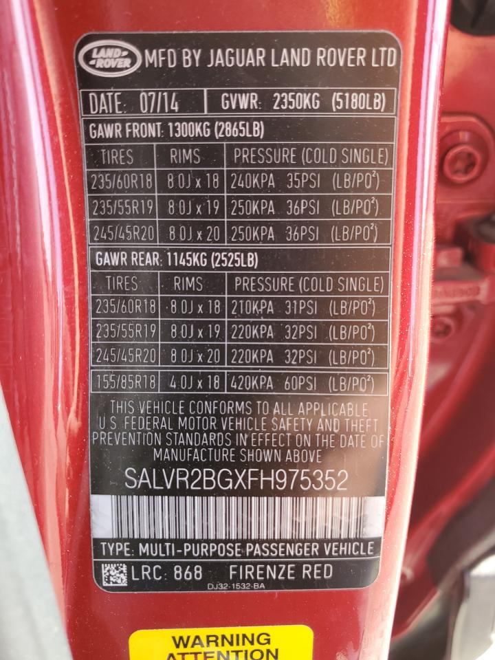 2015 Land Rover Range Rover Evoque Pure Premium VIN: SALVR2BGXFH975352 Lot: 91463295