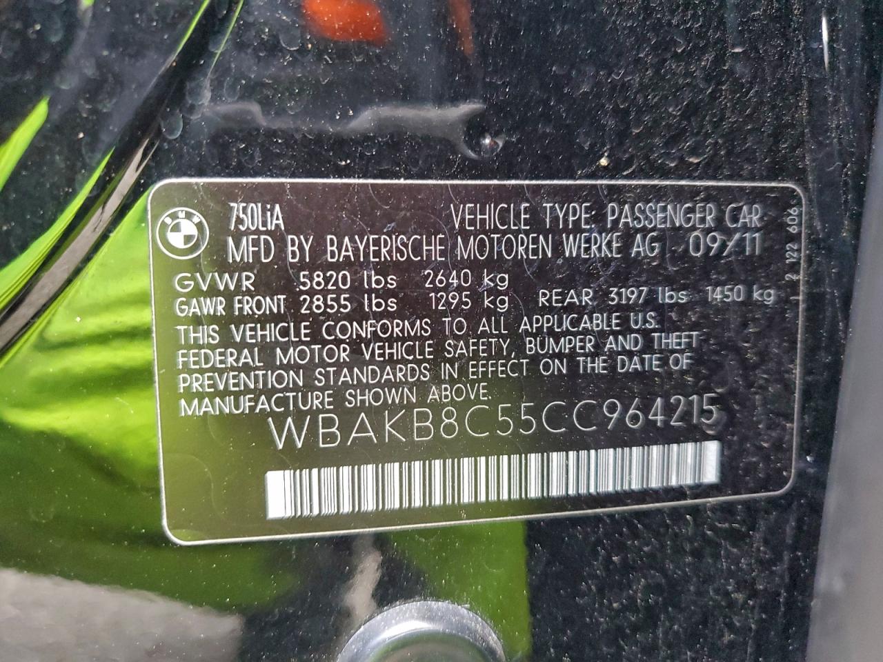 2012 BMW 750 Li VIN: WBAKB8C55CC964215 Lot: 94180005