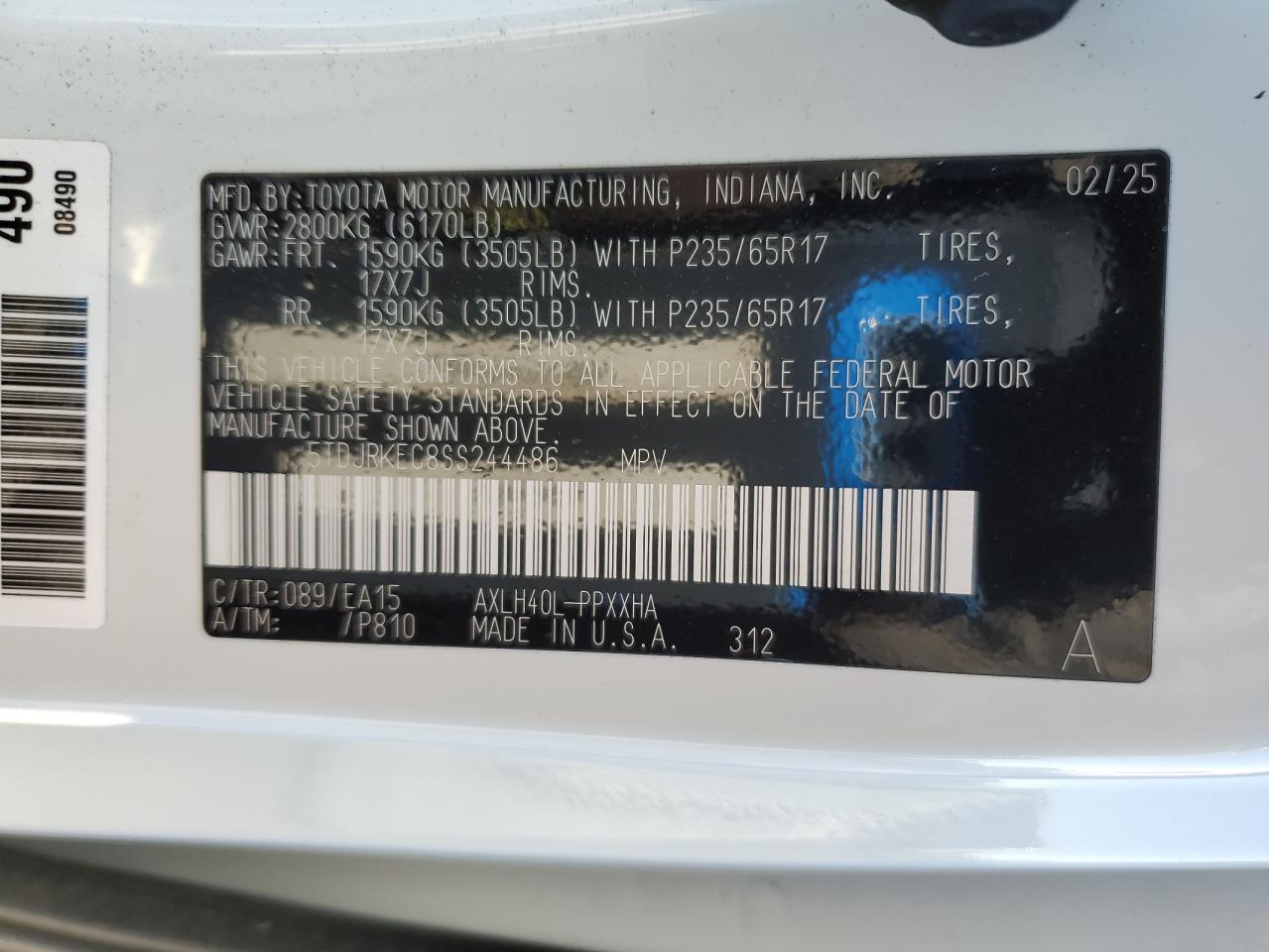 2025 Toyota Sienna Xle VIN: 5TDJRKEC8SS244486 Lot: 92504975