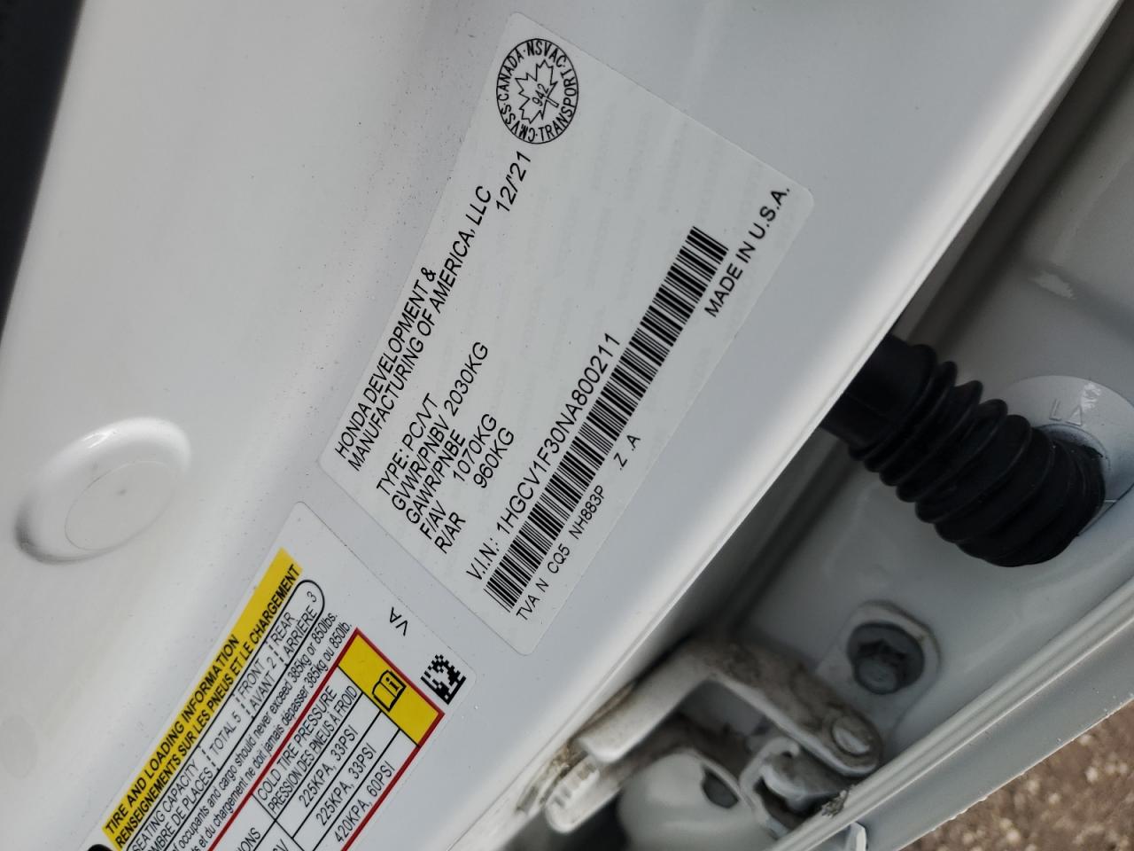 2022 Honda Accord Sport VIN: 1HGCV1F30NA800211 Lot: 92295795