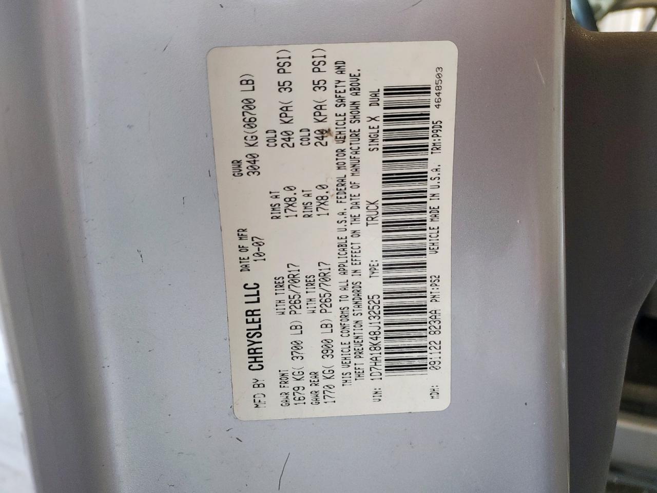 2008 Dodge Ram 1500 St VIN: 1D7HA18K48J132525 Lot: 92426005