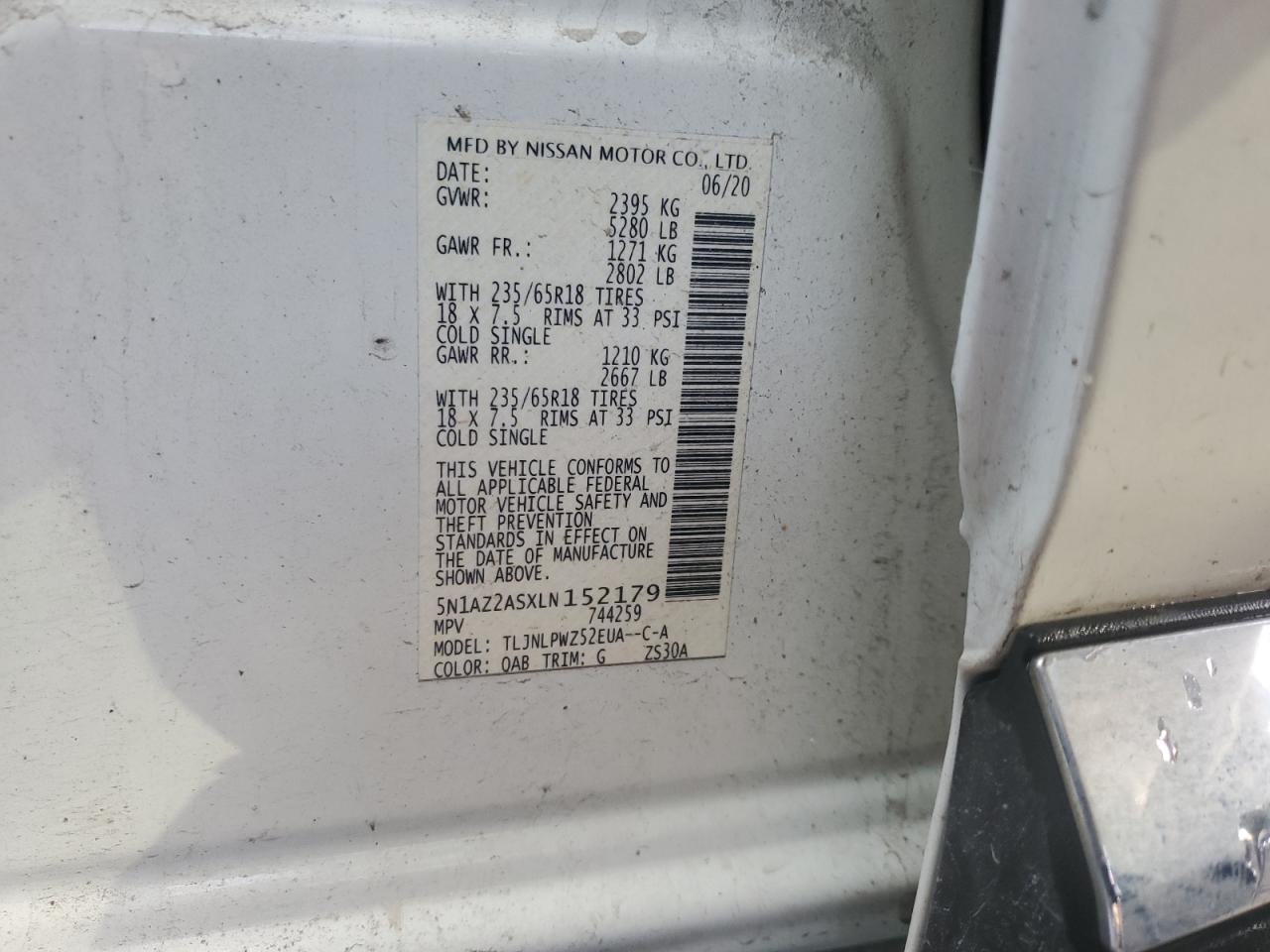 2020 Nissan Murano S VIN: 5N1AZ2ASXLN152179 Lot: 85435535