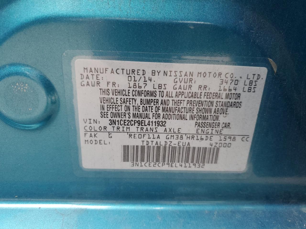 2014 Nissan Versa Note S VIN: 3N1CE2CP9EL411932 Lot: 92832895