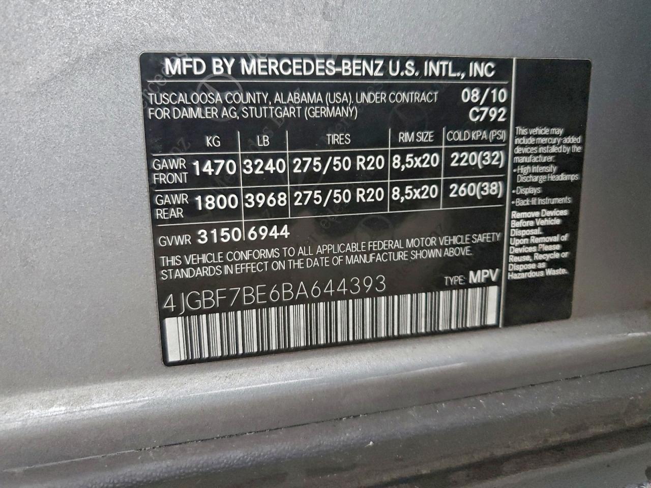 2011 Mercedes-Benz Gl 450 4Matic VIN: 4JGBF7BE6BA644393 Lot: 94130055