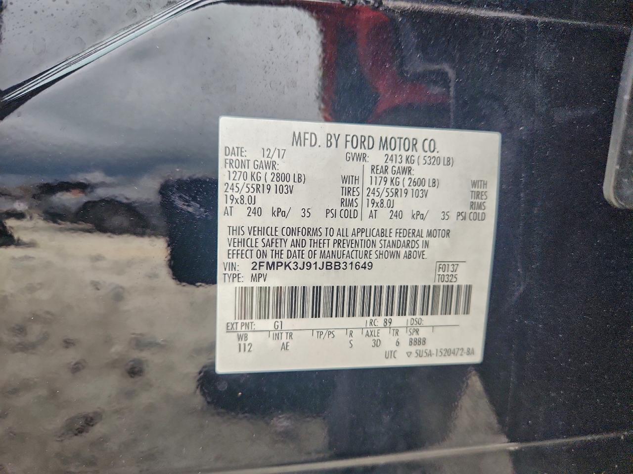 2018 Ford Edge Sel VIN: 2FMPK3J91JBB31649 Lot: 94540675