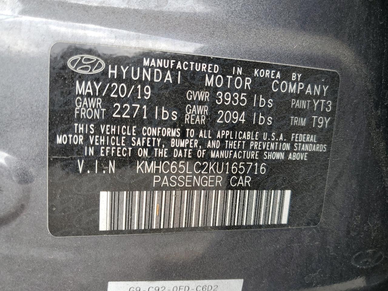 2019 Hyundai Ioniq Blue VIN: KMHC65LC2KU165716 Lot: 92880125