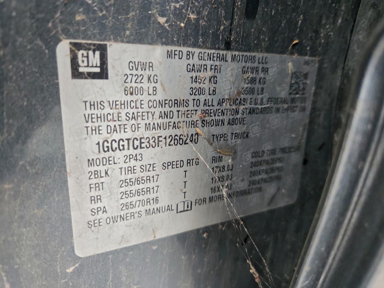 2015 Chevrolet Colorado Z71 VIN: 1GCGTCE33F1266240 Lot: 94536045