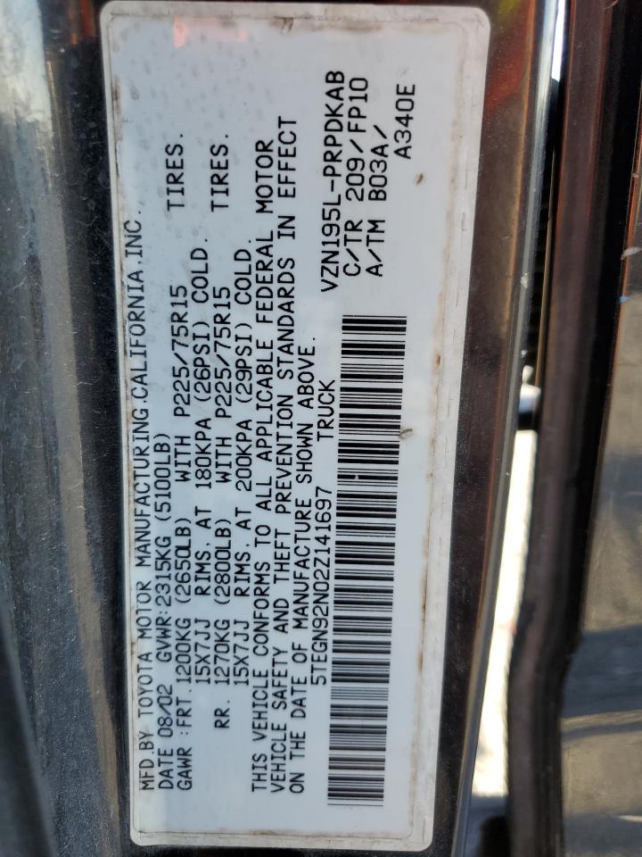 2002 Toyota Tacoma Double Cab Prerunner VIN: 5TEGN92N02Z141697 Lot: 93018335