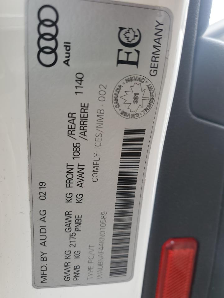 2019 Audi A4 Progressiv VIN: WAUBNAF44KN010589 Lot: 91277365