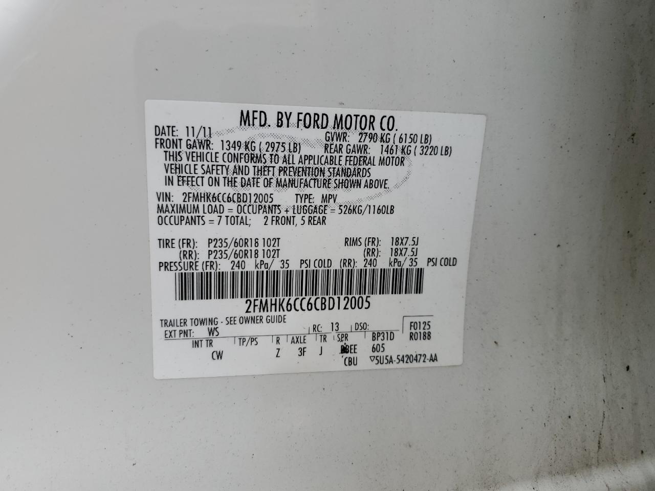 2012 Ford Flex Sel VIN: 2FMHK6CC6CBD12005 Lot: 92818445