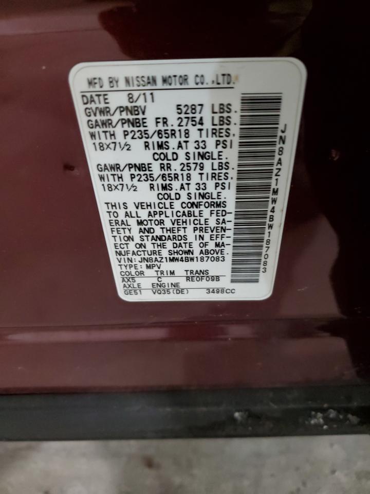 2011 Nissan Murano S VIN: JN8AZ1MW4BW187083 Lot: 92164635
