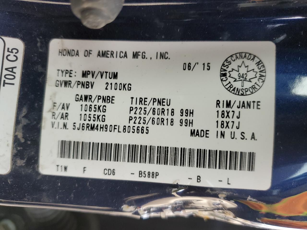 2015 Honda Cr-V Touring VIN: 5J6RM4H90FL805665 Lot: 86489725