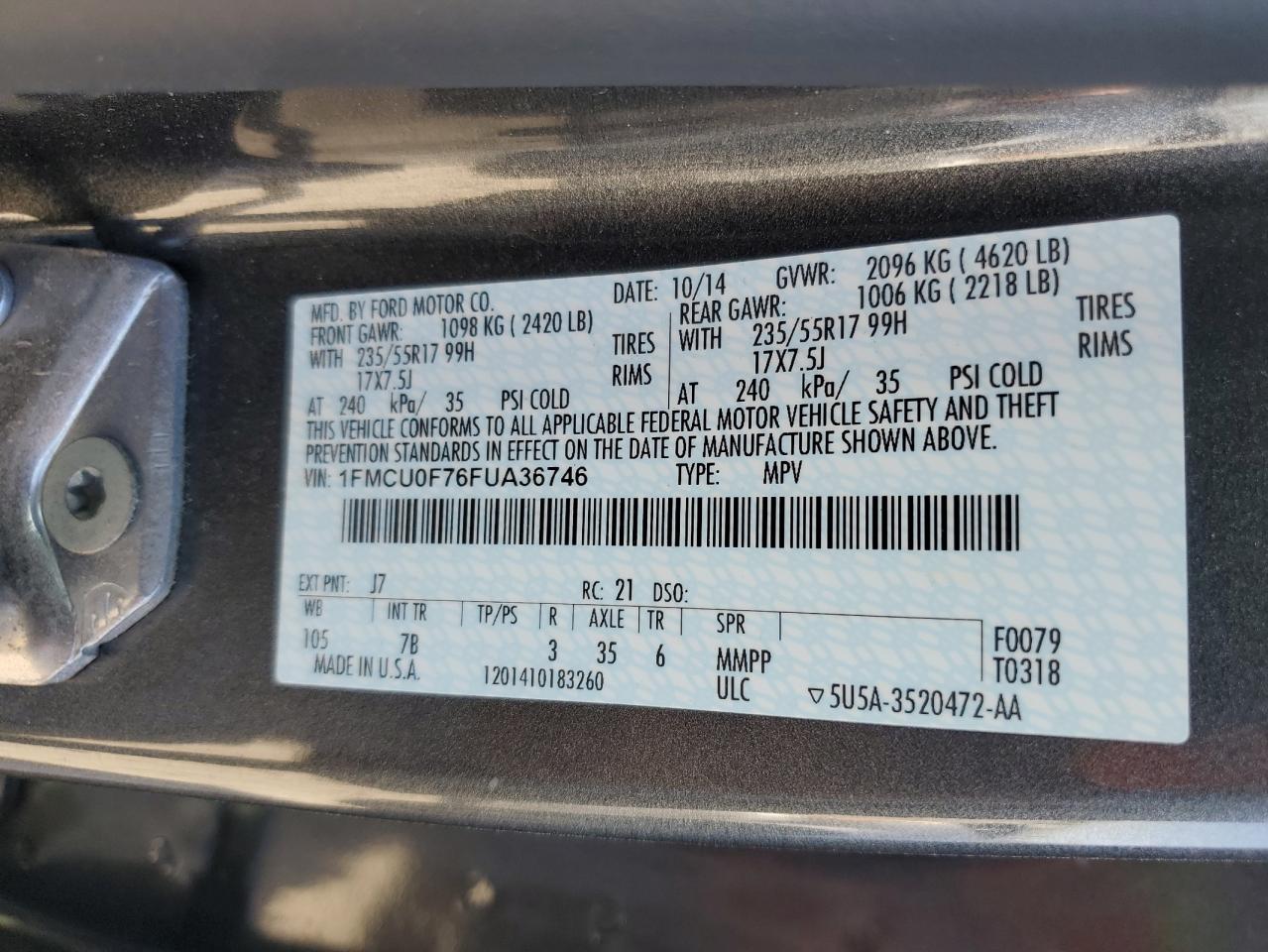 2015 Ford Escape S VIN: 1FMCU0F76FUA36746 Lot: 92281615