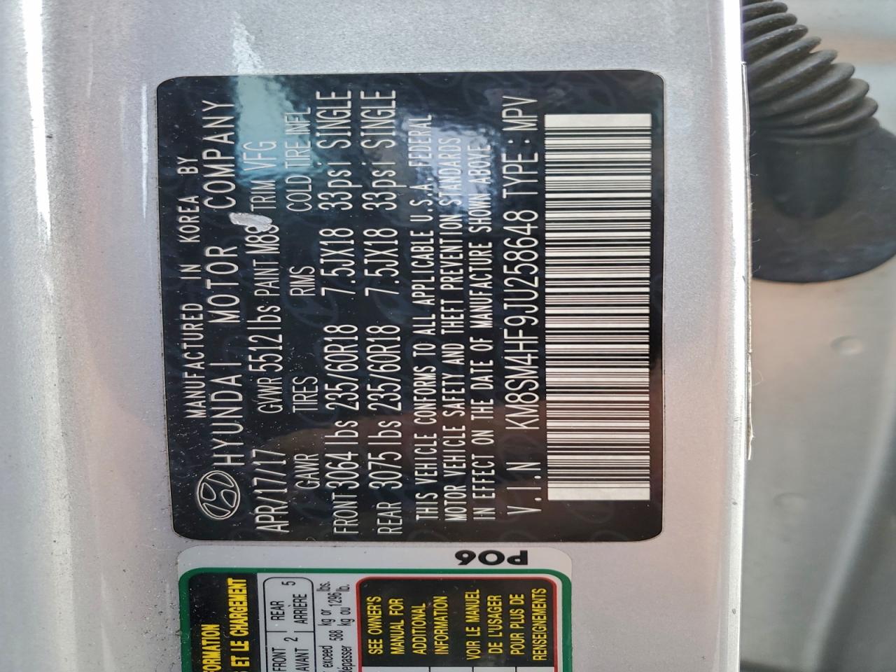 2018 Hyundai Santa Fe Se VIN: KM8SM4HF9JU258648 Lot: 94649705