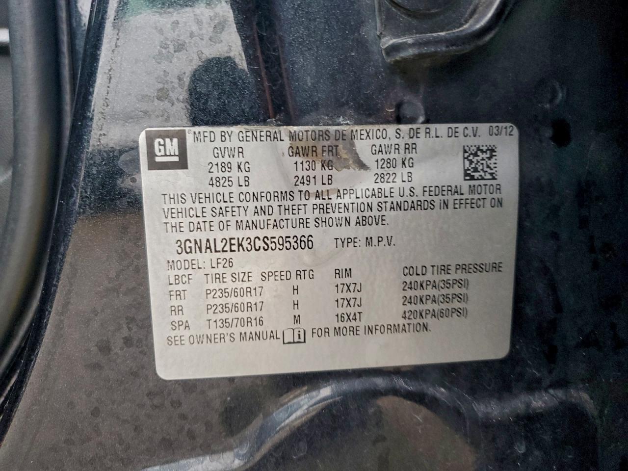 2012 Chevrolet Captiva Sport VIN: 3GNAL2EK3CS595366 Lot: 94232205