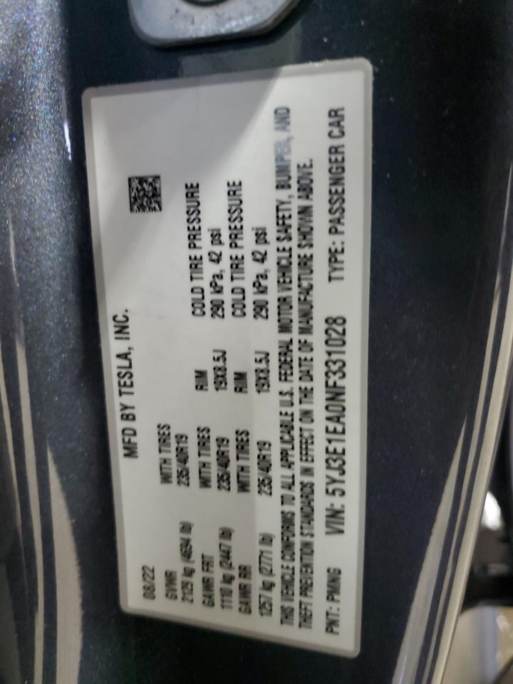 2022 Tesla Model 3 VIN: 5YJ3E1EA0NF331028 Lot: 92853625