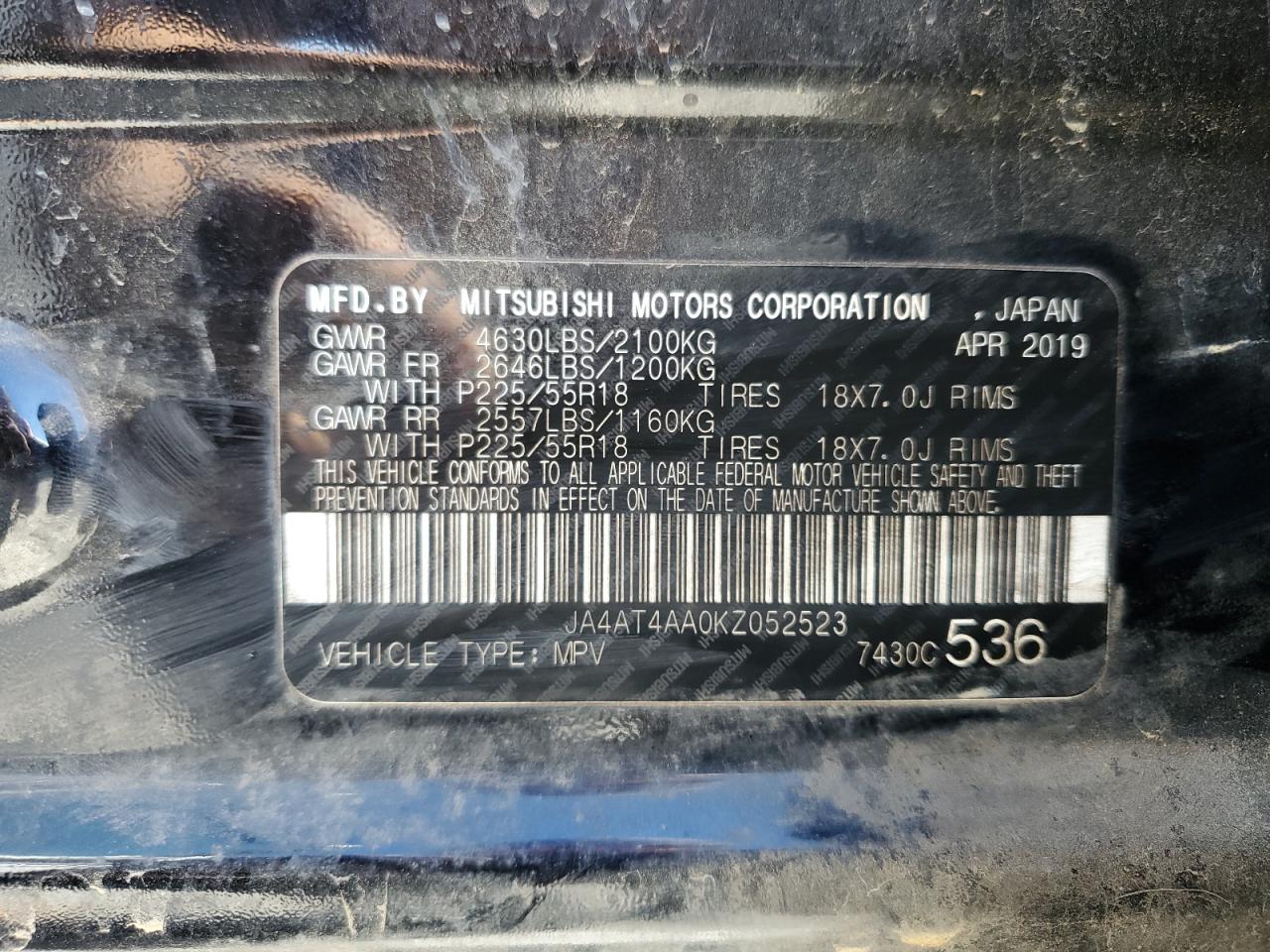 2019 Mitsubishi Eclipse Cross Le VIN: JA4AT4AA0KZ052523 Lot: 91053445