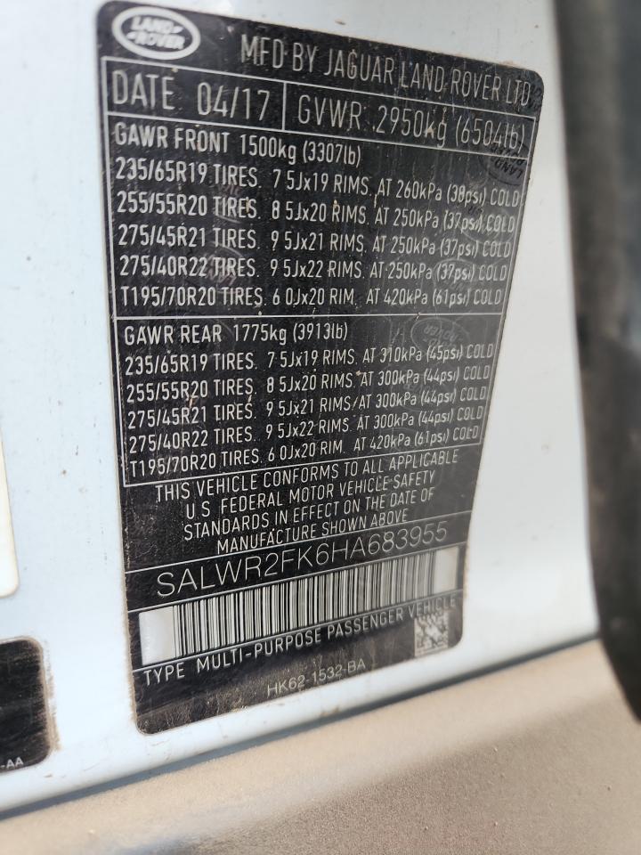 2017 Land Rover Range Rover Sport Hse VIN: SALWR2FK6HA683955 Lot: 92598395