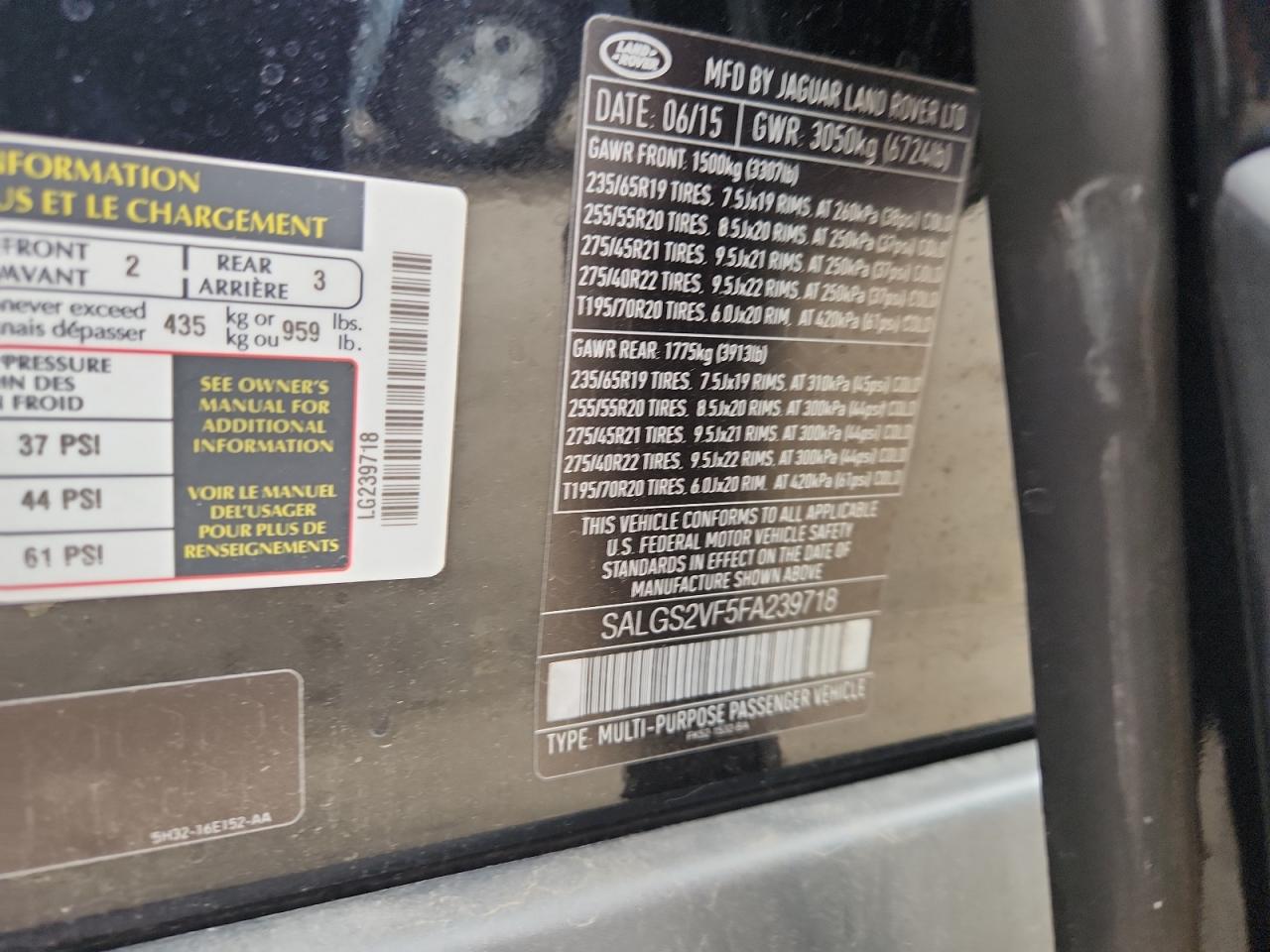 2015 Land Rover Range Rover Hse VIN: SALGS2VF5FA239718 Lot: 93334135