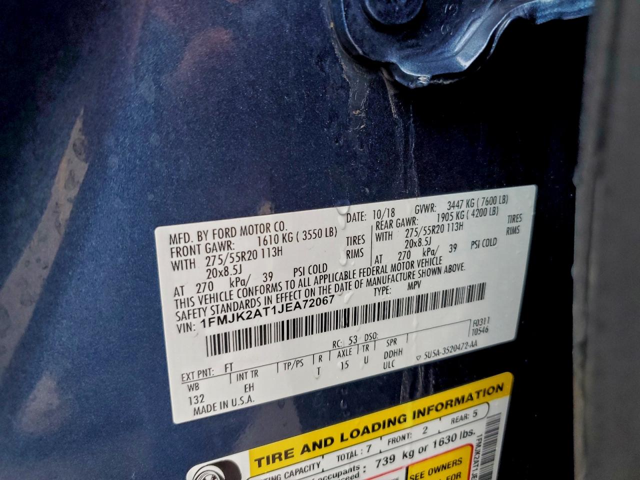 2018 Ford Expedition Max Limited VIN: 1FMJK2AT1JEA72067 Lot: 93875625