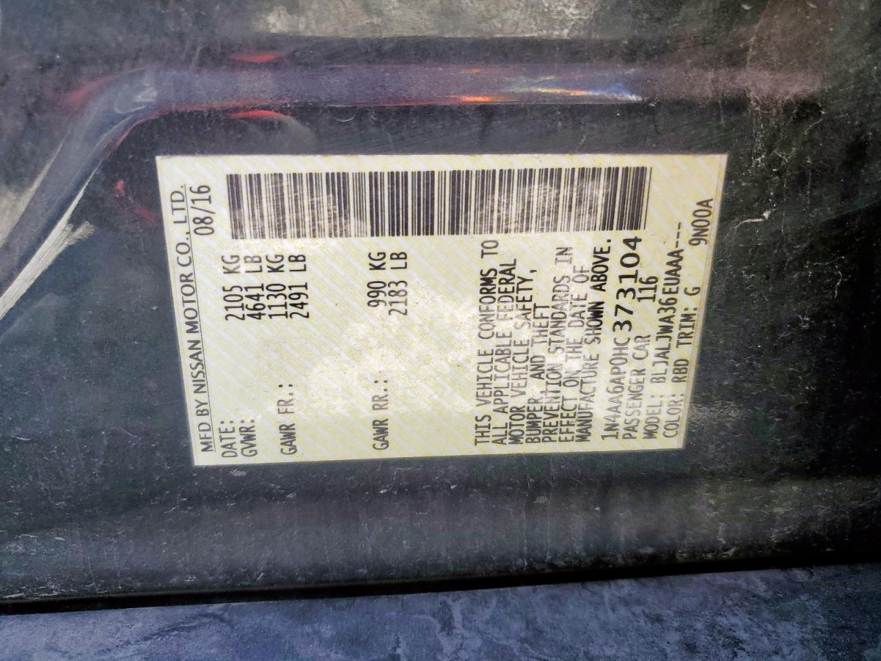 2017 Nissan Maxima 3.5S VIN: 1N4AA6AP0HC373104 Lot: 92532195