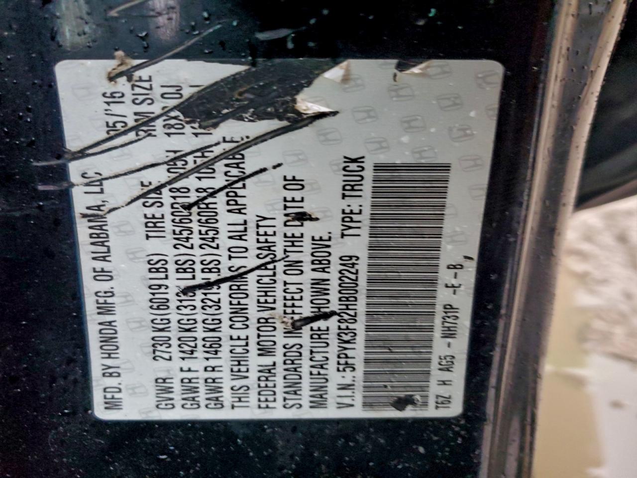 2017 Honda Ridgeline Black Edition VIN: 5FPYK3F82HB002249 Lot: 93742095