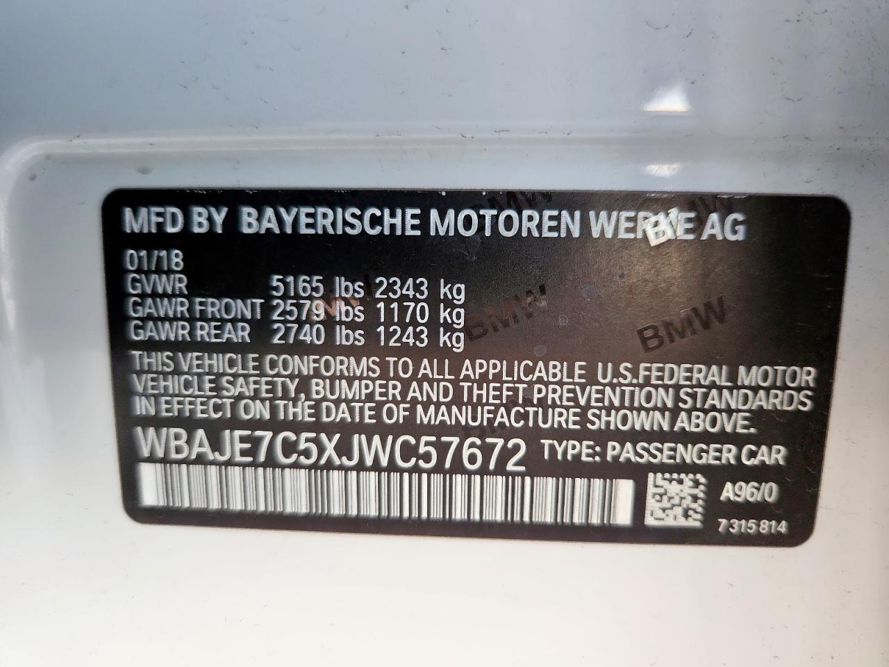 2018 BMW 540 Xi VIN: WBAJE7C5XJWC57672 Lot: 91910475