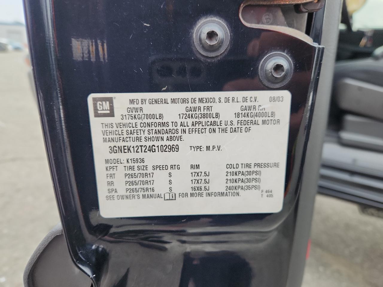 2004 Chevrolet Avalanche K1500 VIN: 3GNEK12T24G102969 Lot: 93343635