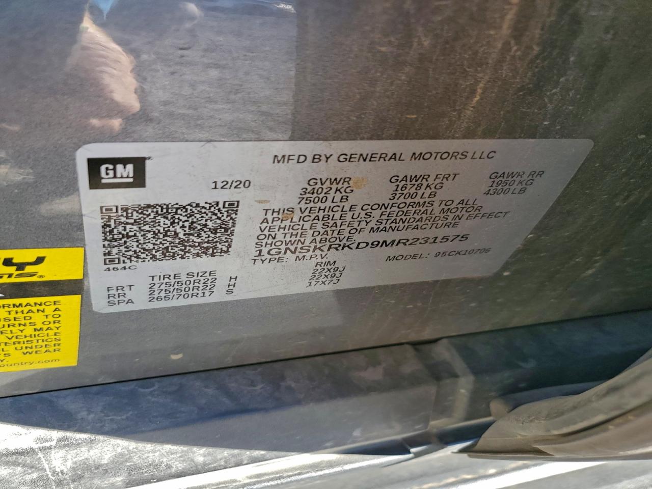 2021 Chevrolet Tahoe K1500 Rst VIN: 1GNSKRKD9MR231575 Lot: 94059145