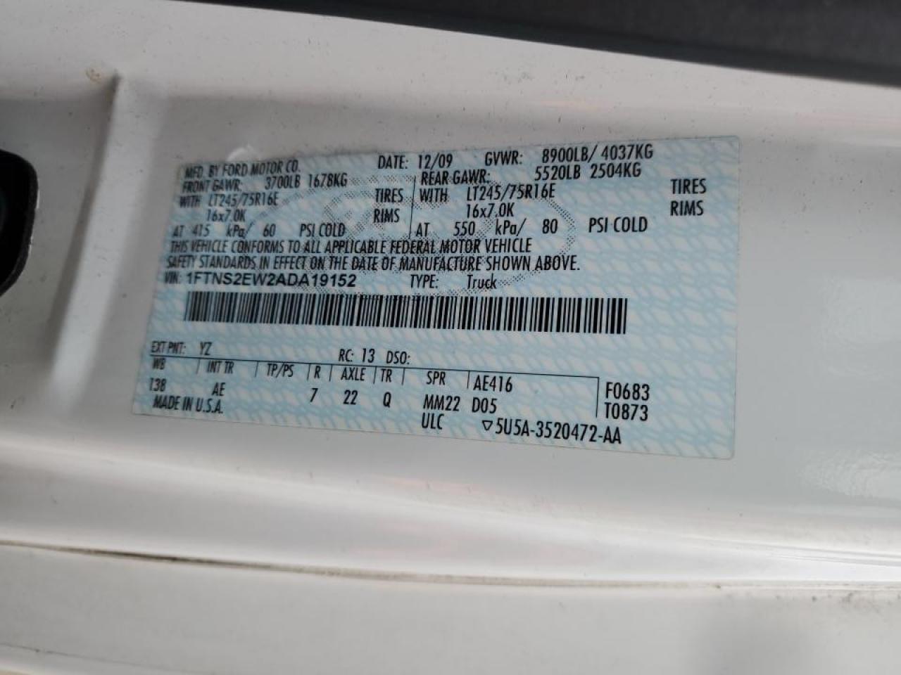 2010 Ford E250 Delivery Van VIN: 1FTNS2EW2ADA19152 Lot: 91916325