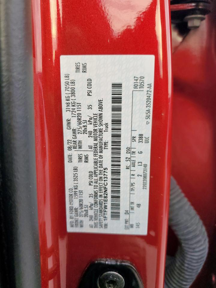 2022 Ford F150 Supercrew VIN: 1FTFW1E82NFC13775 Lot: 93503685
