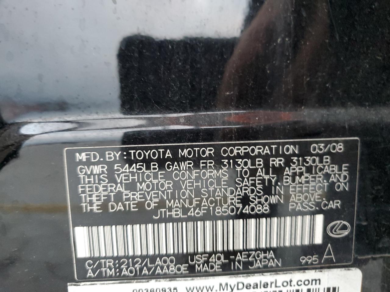 2008 Lexus Ls 460 VIN: JTHBL46F185074088 Lot: 93249875