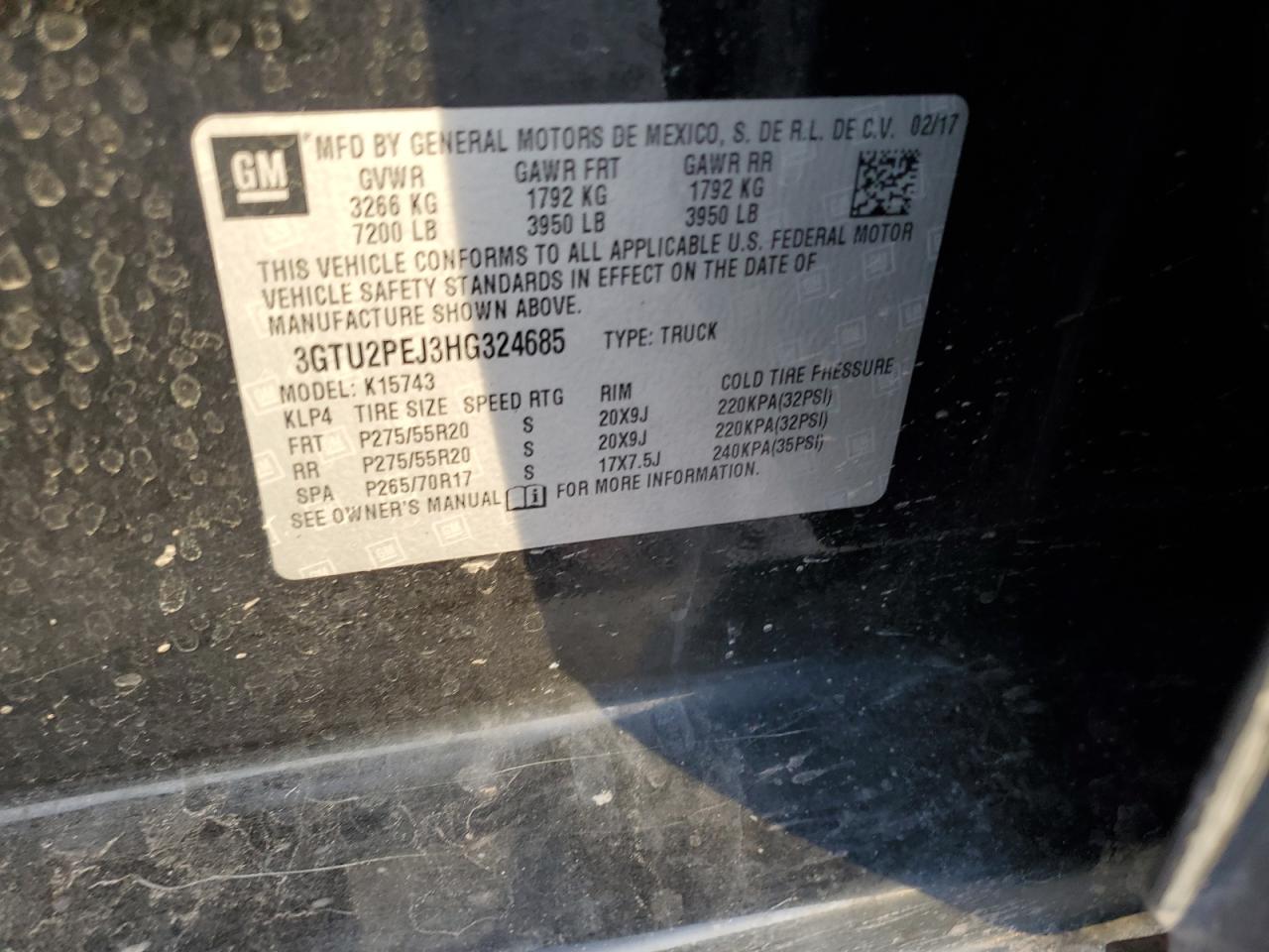 2017 GMC Sierra K1500 Denali VIN: 3GTU2PEJ3HG324685 Lot: 92024395