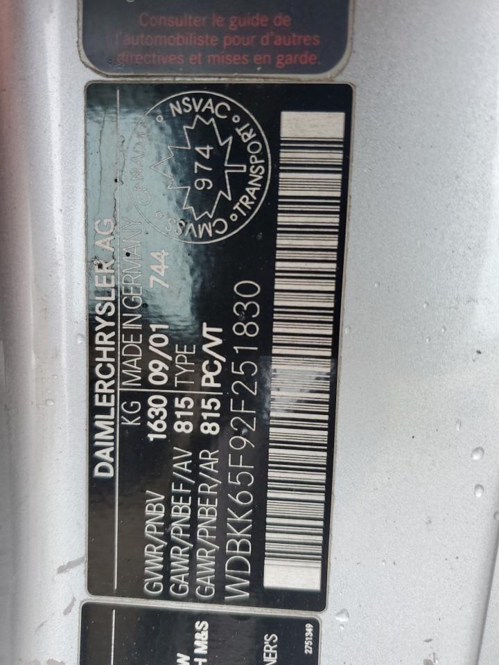 2002 Mercedes-Benz Slk 320 VIN: WDBKK65F92F251830 Lot: 92705435