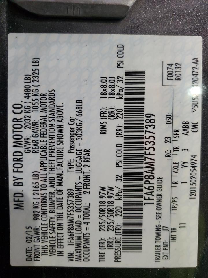 2015 Ford Mustang VIN: 1FA6P8AM7F5357389 Lot: 91036255