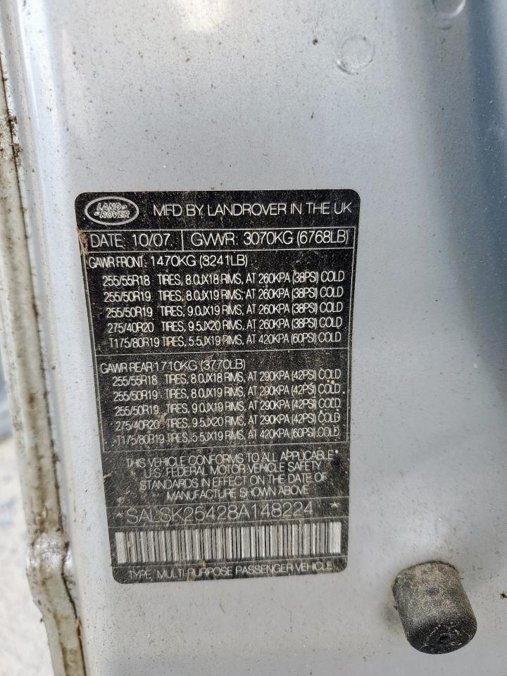 2008 Land Rover Range Rover Sport Hse VIN: SALSK25428A148224 Lot: 93648045