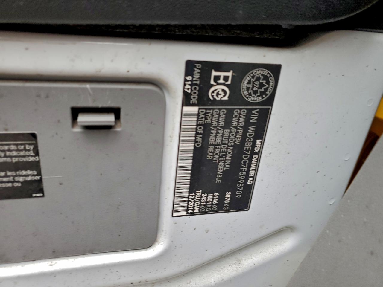 2015 Mercedes-Benz Sprinter 2500 VIN: WD3BE7DC7F5998709 Lot: 94247755