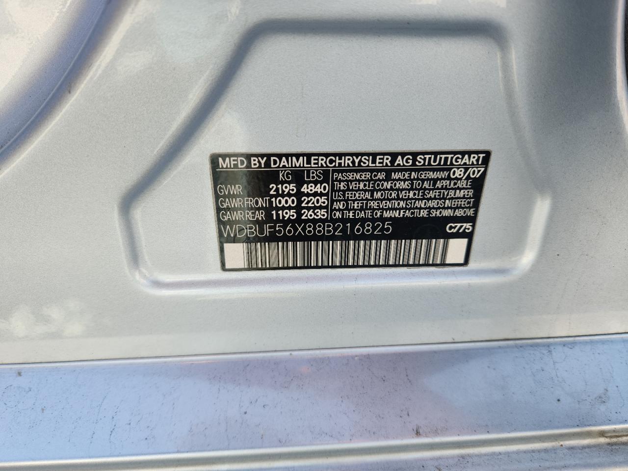 2008 Mercedes-Benz E 350 VIN: WDBUF56X88B216825 Lot: 91036735