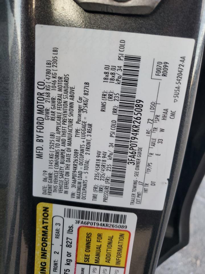 2019 Ford Fusion Se VIN: 3FA6P0T94KR265089 Lot: 92236745