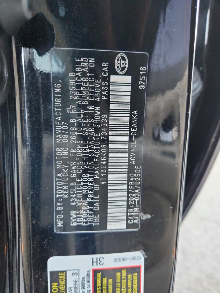 2008 Toyota Camry Ce VIN: 4T1BE46K08U734339 Lot: 91137475