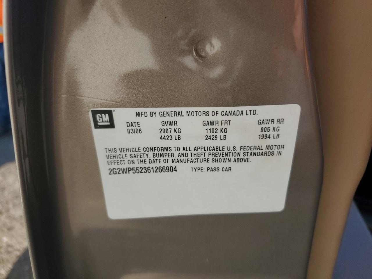 2006 Pontiac Grand Prix VIN: 2G2WP552361266904 Lot: 90500425